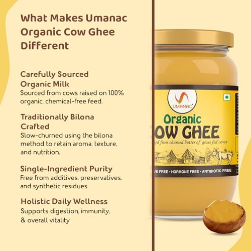 Image of Umanac Organic Cow Ghee 500ML | Certified Organic | Sourced from Desi & Healthy Cows | Bilona Method | 100% Pure & Natural | Gluten- Free | Pesticide- Free
