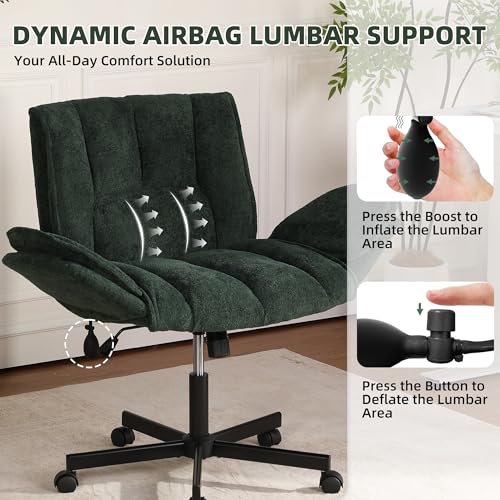 Image of Criss Cross Chair with Wheels & Outward-Folding Arms, Cross Legged Office Chair, Built-in Dynamic Airbag Lumbar Support, Apartment, Vanity, Dark Green