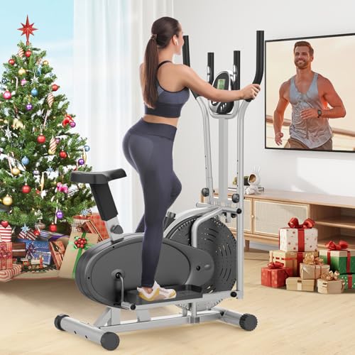 Bicicleta Elíptica, 2 en 1 Bicicleta Elíptica y Bicicleta Estática con Asiento, Monitor LCD, Resistencia Ajustable, Pedal Antideslizante, Máquina Elíptica para Ejercicios Aeróbic en Interiore