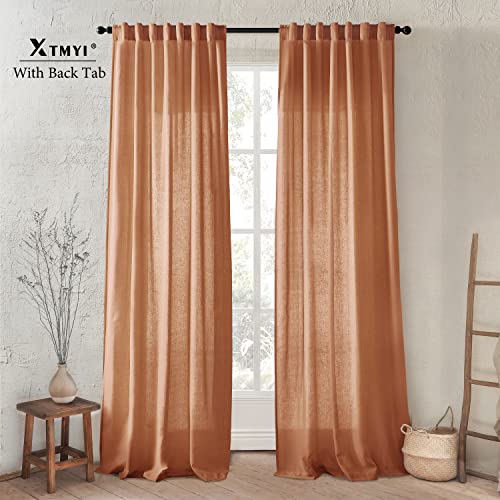Image of XTMYI Bohemian Rustic Curtains for Living Room Decor 2 Panel Set Linen Cotton Sheer Back Tab Hooks Pleated Fall Curtains for Bedroom Window,Pale Copper Rust Terracotta,96 Inch Long