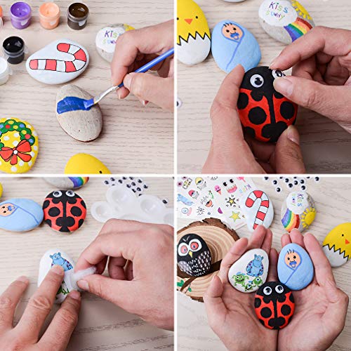 BOKIN Rock Painting Kit,River Stones/Palette/ Round Wood/Transfer Stickers/Acrylic Pen/Brushes Arts Crafts Supplies for Kids and Adults,Mandala Rock Painting,Hide and Seek Gift