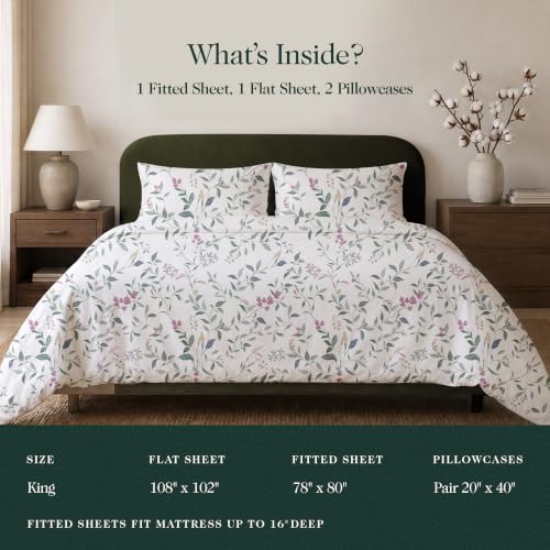 Image of 100% Cotton Printed Percale Cooling Bed Sheet Set - King Size, Botanique