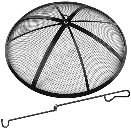 Fire Pit Spark Screen, Fire Pit Screen 24 Inch Round with Handle & Poker, Collapsible Heavy Duty Mesh Fire Pit Cover Fire Pit Lid for Outdoor/Patio/Backyard/RV Camping/Beach