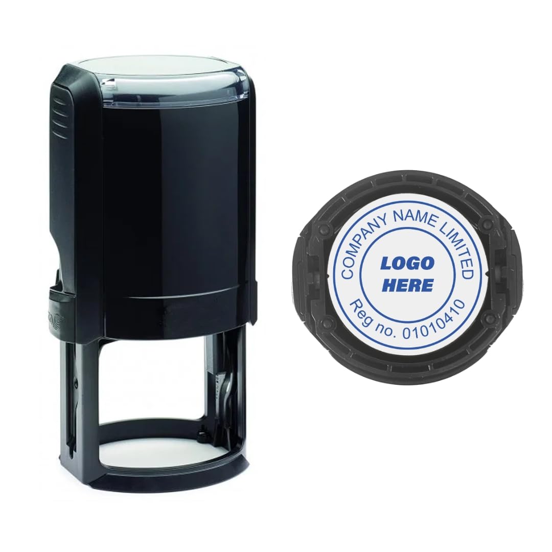 Company Logo Custom Made 42mm Circular Self Inking Stamp - Your own Business Logo and Text Stamp in Blue Ink