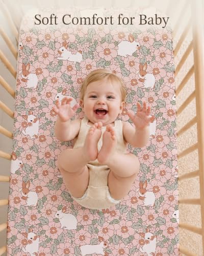 Image of Crib Sheets for Boys and Girls, 2 Pack Fitted Baby Sheets for Standard Toddler Mattress 28 inch x 52 inch, Soft Breathable Jersey Knit Baby Bedding (Bunny Garden)