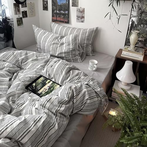 Image of MKXI Queen Size Charcoal Grey & White Striped Duvet Cover Set - 3 Piece Modern Washed Cotton Bedding, Soft Breathable Comforter Cover with Zipper Closure & Corner Ties, Minimalist Geometric Design