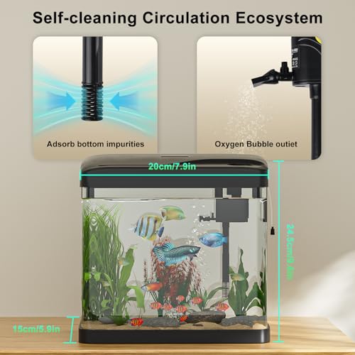 Aquarium Komplettset, GuKKK Nano Aquarium Stabiles Einsteigerbecken mit LED-Beleuchtung und Eingebautem Filtersystem, für Fisch, Aquariu Becken stoßfest,Schwarz (6L)