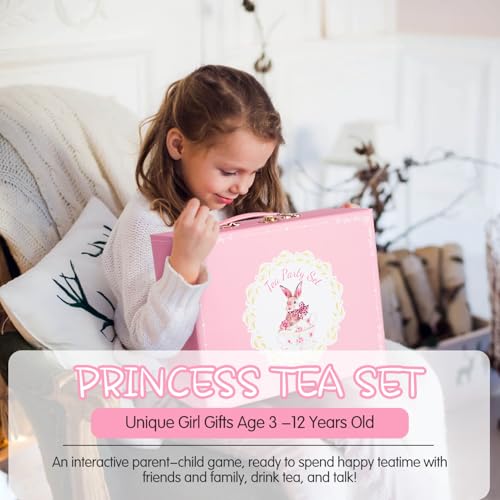 Image of Porcelain Tea Set for Girls, Tea Party Set for Little Girls, Kids Tea Set Kitchen Pretend Play, Princess Tea Time Playset with Ceramic Teapot Cups Carry Case, Toddler Girl Toys Birthday Gifts Age 3+