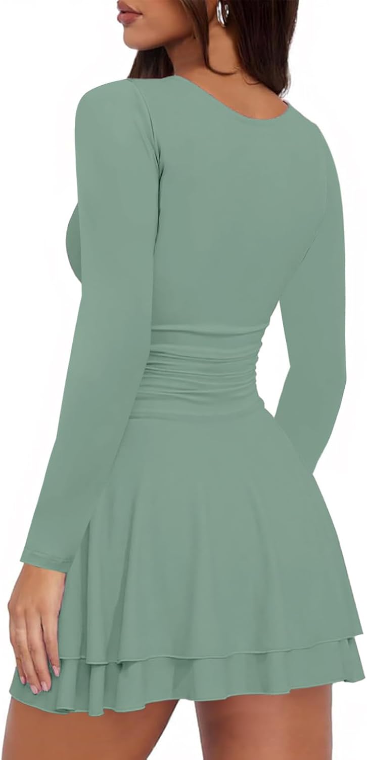 Women's Square Neck Mini Dress Long Sleeve Ruffle Hem Corset Ruched Waist Short Party Dresses - Image 2