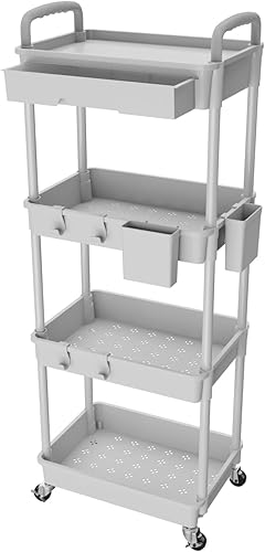 Miniatura 18 de REBECAT - Carrito utilitario de 3 niveles con cajón, hecho de organizador de almacenamiento multifuncional para cocina, baño, sala de estar, oficina