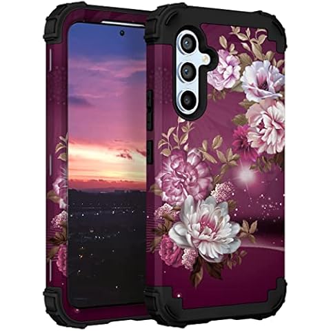 Hocase Galaxy A54 5G Case - Heavy Duty Shockproof Protection, Silicone Rubber Bumper & Hard Plastic Hybrid, Burgundy Flowers Cover