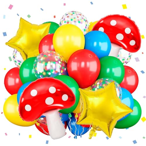 Ballon Colorés Anniversaire, 29 Pièces Ballons Helium Fete Pleins D'énergie, Rouge Bleu Jaune Vert Ballons en Latex, Champignon Étoile Ballon en Aluminium pour Décorations de Fête