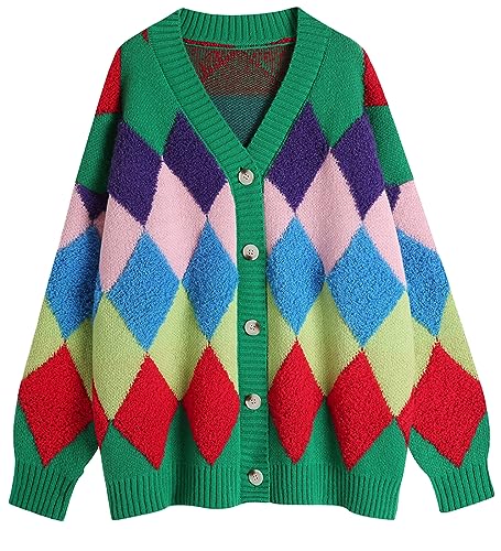 Ckikiou Women's Oversized Fall Winter Button Down Cute Color Block Knitted Chunky Sweater Cardigan Top