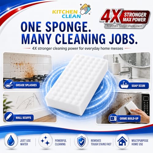 Image of Kitchen Clean Magic Eraser Sponge Pack of 2 | 4X Strong Stain Cleaning Remover for Walls, Kitchen, Bathroom Tiles, Glass & Shoes | Just Add Water