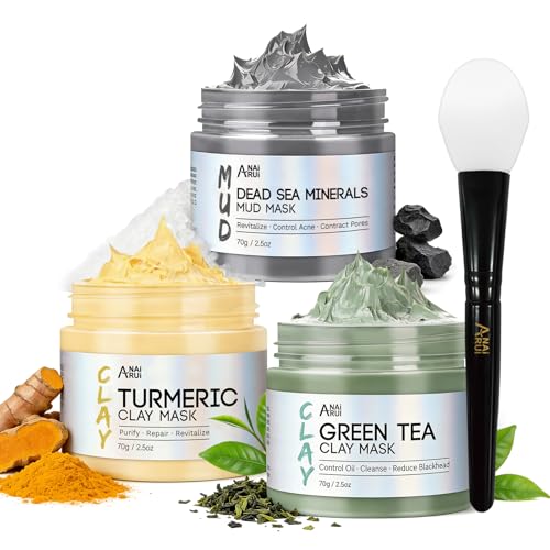 ANAI RUI 3 Pcs Face Mask Set - Turmeric Clay Mask - Green Tea Face Mask - Dead Sea Mud Mask for Oily Skin, Blackheads & Pores -Spa Gift Set Self Care for Women Teens 2.5 oz Each