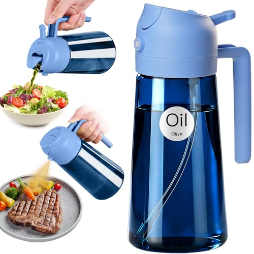 YARRAMATE 16oz/470ml Light-Blocking Dark Oil Sprayer for Cooking, 2 in 1 Olive Oil Dispenser Bottle for Kitchen, Premium Blue Glass Oil Bottle, Food-Grade Oil Mister for Air Fryer, BBQ (Skyblue)