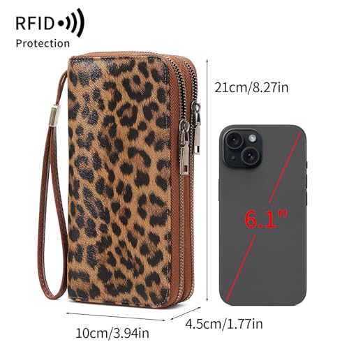 Image of Women Leather Wallet Crossbody Shoulder Bag with Double Zipper and Mobile Phone Purse with Shoulder Strap