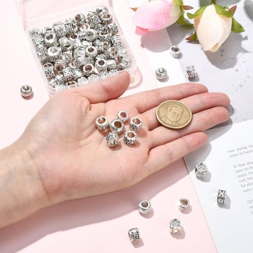 Stiesy 100Pcs 10 Styles Antique Silver Large Hole Beads Vintage European Beads Tibetan Macrame Spacer Loose Beads for DIY Snake Chain Bracelet Jewelry Making - Image 3