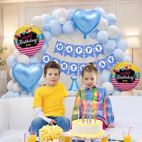 Image of Rozi Decoration Blue White Happy Birthday Decoration Kit Pack of 46 Pcs with Banner, Crown, Heart & Round Birthday Balloons and Latex Balloons for Birthday Party Decoration