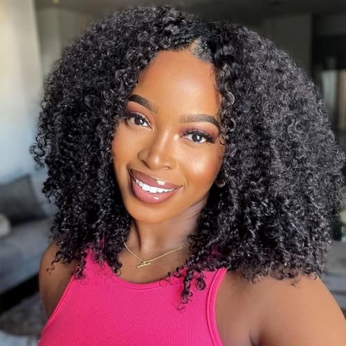 NZINZI Kinky Curly V Part Wig Human Hair Upgrade U Part Human Hair Wig With Adjustable Drawstring Wig V Shape Clip In Half Wigs Afro Curly for Women No Sew in NO Glue200% Density 16 Inch