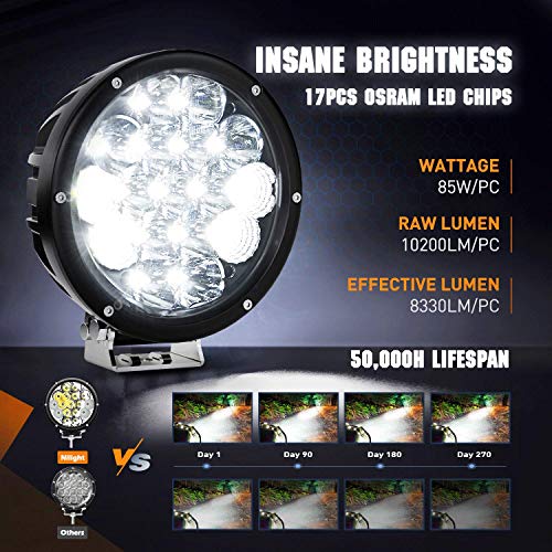 Image of Nilight Pro Series 2PCS 7 Inch Round LED Driving Offroad Light 85W 10200LM | Spot & Flood Beam with Built-in EMC, IP68 Off-Road Lights with 14AWG Wiring Harness for Truck, ATV, UTV & SUV