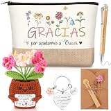 Hestya 5 Piezas Regalo Profesora Infantil Mujer Gracias por Ayudarme a Crecer Neceser Maestra Gracias Llavero Flores de Ganchillo Bolígrafo Tarjeta Regalo Profe Original para Educador Niñera Guarderia