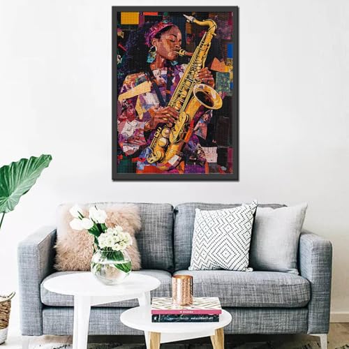 Rock and Roll Woman Rompecabezas de 1000 Piezas para Adultos con Pintura de Mujer Negra Tocando Saxofón miniatura 3