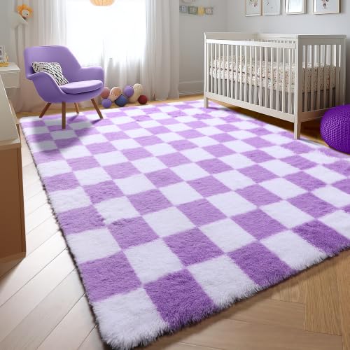 Image of KICMOR Purple Rugs for Bedroom Living Room, Fluffy Soft Checkered 4x6 Area Rug Fuzzy Shag Shaggy Carpet, Indoor Plush Bedside Floor Rugs for Kids Girls Boys Teen Dorm Nursery Home Decor Aesthetic