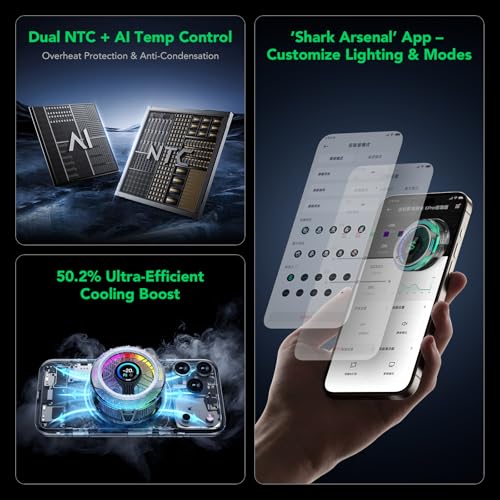Image of Black Shark Magnetic Phone Cooler 6 Pro - Smart Display, Magnetic Ring Plate, Addressable RGB LEDs, App-Controlled Cooling Fan for iPhone MagSafe, Android & iPad - Gaming, Streaming & Photography