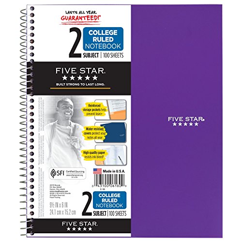 Five Star Spiral Notebook, 2 Subject, College Ruled Paper, 100 sheets, 9-1/2