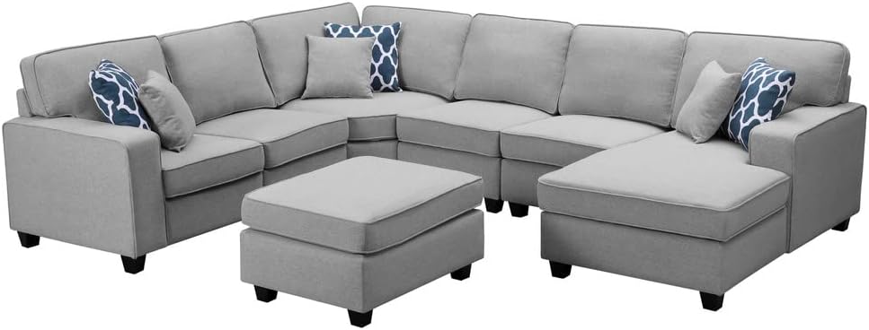 Conwy Light Gray 7-Piece Modular Sectional Sofa Chaise and Ottoman in Linen Fabric
