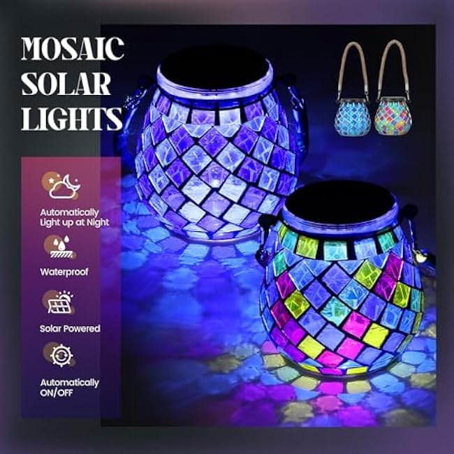 4 Pack Mosaic Solar Lights Outdoor Hanging Lanterns Waterproof Mosaic Lamp Decorative Solar Lanterns Night Lights for Garden, Patio, Yard, Holiday Party Outdoor Indoor Decoration