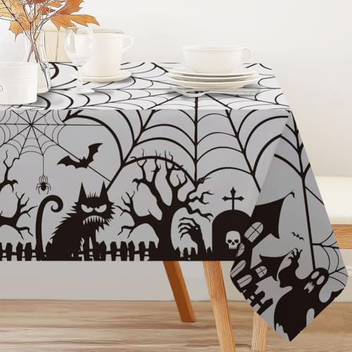 INFUNLY Halloween Table Cloth Spider Web Table Cloth Black Castle Tablecloth Halloween Table Cover Rectangle Fabric Table Cloths 90x60 inches for Parties Gothic Spooky Home Decorations