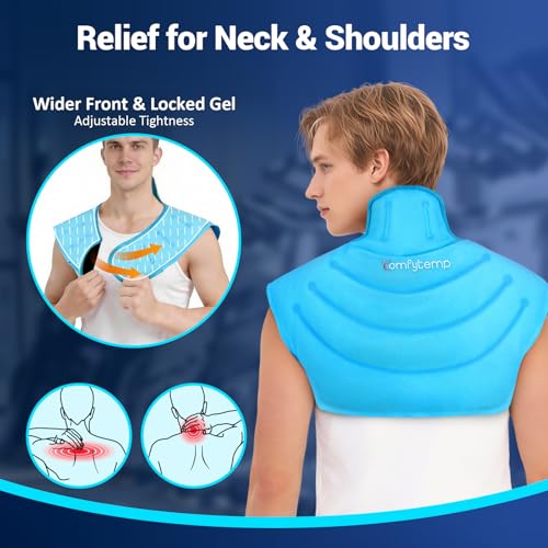 Image of Comfytemp Large Ice Pack for Neck Shoulders Upper Back Pain Relief with Straps, Reusable Gel Ice Wrap Hot Cold Compress Therapy Recovery for Upper Back, Rotator Cuff (Medium, Light Blue)
