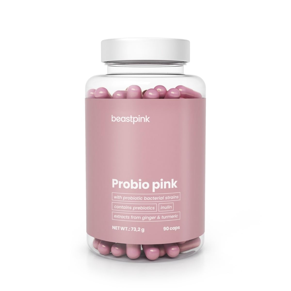 Probio Pink für Frauen - Probiotika zur Unterstützung der Darmflora, 10 Stämme mit 10 Mrd. lebenden Kulturen, Präbiotika aus Inulin & GOS, enthält Kamille, Fenchel, Ingwer & Kurkuma, 90 kaps