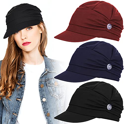 3 Pieces Newsboy Cabbie Cap Baseball Cap with Buttons Sun Hat for Women (Black, Navy Blue, Wine Red)