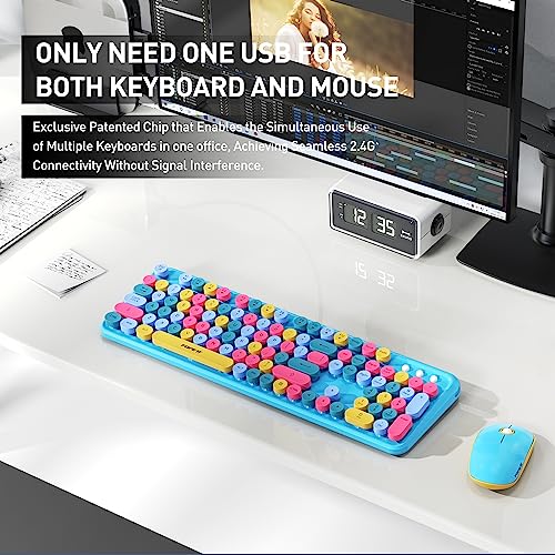 Image of Colorful Wireless Keyboard and Mouse Combo, Cute Blue Typewriter Style Round Key Keyboard, 2.4GHz Fun Bubble Full Size Aesthetic Retro Keyboard with Number Pad for Long Nails PC Laptop Desktop