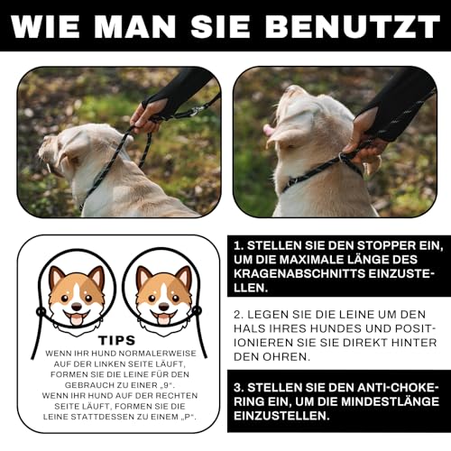 Arblina Retrieverleine mit Zugstopp, Retrieverleine für Kleine/Mittlere/Große Hunde mit Doppelten Griffen, Training Hundeleine mit Hi-vis Licht-Reflektierendem Design, Slip Lead for Dog, Schwarz, 1.3m
