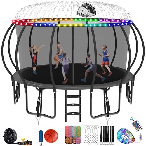 DeepRoar Tranpoline 8/10/12/14/15/16FT Pumpkin Tranpoline for Kids, Heavy Duty Outdoor Tranpolines with Basketball Hoop, Safety Enclosure Net, Light, Sprinkler, Socks, ASTM Approved