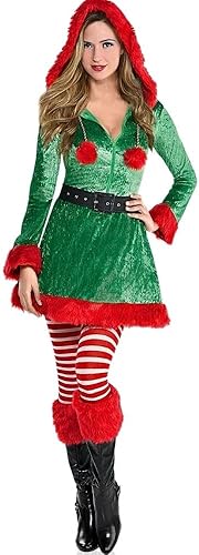 Conjunto de disfraz de elfo atrevido verde y rojo para mujer, perfecto para disfraces de vacaciones, juegos de temporada y eventos festivos
