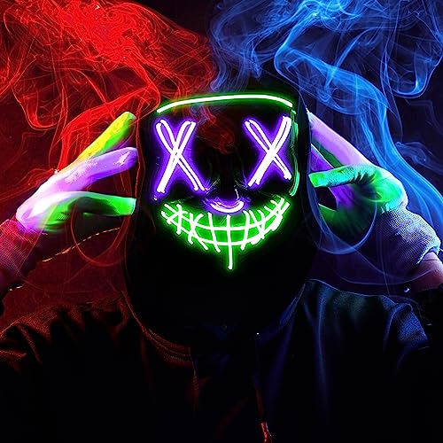 Image of JOYIN Halloween Led Mask, Light Up Mask and Gloves for Cosplay Costume (Green & Purple), 3 Modes Scary Glow in The Dark Masks for Boys Girls Halloween Party Dress Up Accessories, Gifts Giving