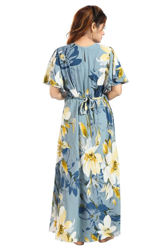 Image of CLOUD SOFT Women's Rayon Cotton Floral Printed Maternity Feeding Gown | Full-Length Nursing Nighty with Zipper | Pre & Post Pregnancy Dress (CS11004-5 MT All)