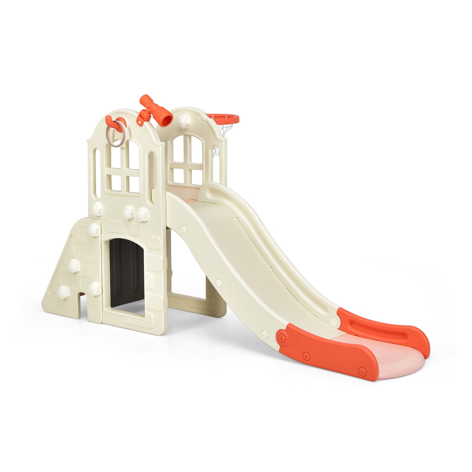 GOPLUS 6 in 1 Kinderrutsche mit Basketballkorb, Multifunktionale Babyrutsche mit 140cm Rutschbahn, Ringwurfspiel, Tunnel & Fernglas, Gartenrutsche aus HDPE mit Abnehmbarem Pedal für 3-8 Jahre (Rosa)