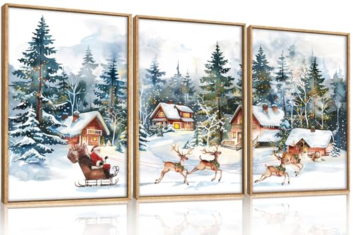 Ausril Christmas Santa Sleigh Deer Framed Canvas Wall Art Set, Reindeer Design Decor, Winter Snow Forest Tree Wall Painting, Christmas Art Print for Living Room, Bedroom, Office 24"x36"x3 by Ausril - Used condition - US$58.89