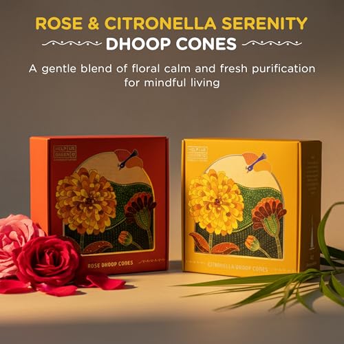 Image of HelpUsGreen Natural Dhoop Cones Citronella and Rose (80 Cones Pack of 2)| Charcoal Free Organic Incense Cones | Low Smoke Long Lasting Incense for Pooja Samagri, Meditation, Home | Free Ceramic Holder