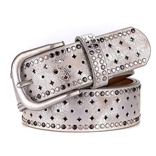 Women's Leather Genuine Leather Belt with Rhinestones and Studs, Star Pin Holes Studded Belt for Jeans