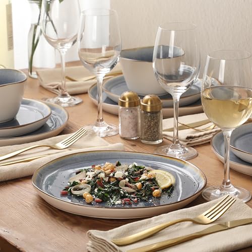 Image of Gibson Elite Algeria River Plates and Bowls Sets, 12-Piece Stoneware Dinnerware Sets, Reactive Glaze Dish Set - Blue