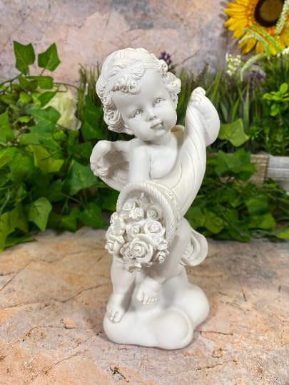 Estatua de ángel de resina querubica con ramo floral | Figura