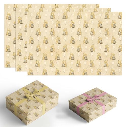 Winnie Wrapping Paper for Baby Shower the Pooh Birthday Decoration Winnie Gift Wrapping Paper Winnie Baby Shower Decorations- 5 Pack (29.5 x 19.7in) Classic Bear Gift Wrap for Birthdays Yellow