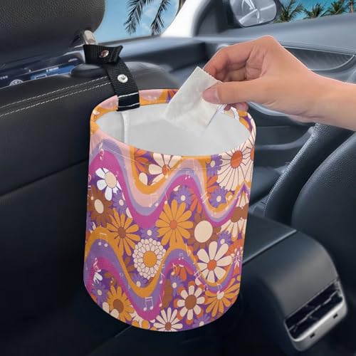 Image of Renewold Waterproof Car Trash Can, Hippie Daisy Swirl Boho Car Garbage Can with Button Straps, Trash Bin for Any Vehicles, Auto Waster Container, Camping Picnic Travel Desktop Storage Bag Organizer
